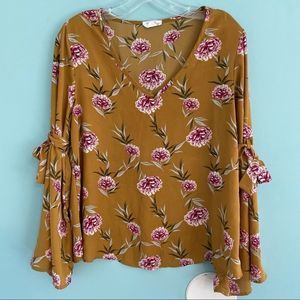 Sienna Sky Shirt Blouse Dark Mustard w/ Floral Print Top Size M